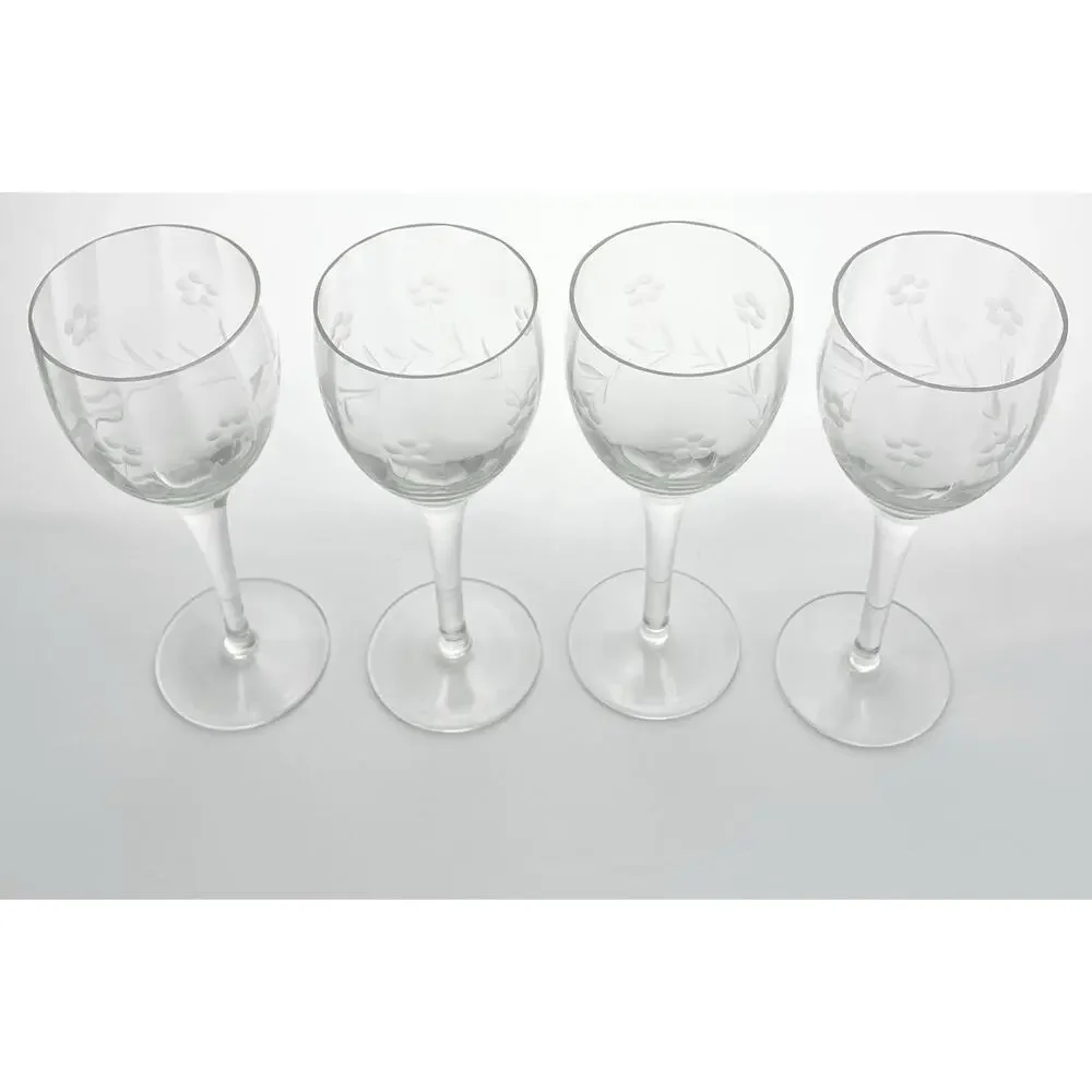 1940s Vintage 4 Etched Flower Optic Wine, Water or All Purpose Glasses 8” 8oz